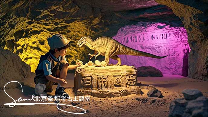 jimeng-2025-05-21-116-這張圖片呈現(xiàn)了一個充滿趣味的考古場景 。周圍環(huán)境被黃光和粉紫色燈光籠罩，營造出神秘氛圍。小朋友身處仿真山洞的空間內(nèi)，在模擬的考古探險情境中探索，體驗發(fā)現(xiàn)寶藏....jpeg