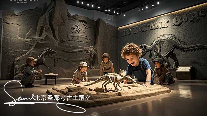 jimeng-2025-05-21-123-這張圖片呈現(xiàn)了一個充滿趣味的考古場景 。周圍環(huán)境被漂亮的燈光籠罩，營造出神秘氛圍。小朋友身處仿真山洞的空間內(nèi)，在模擬的考古探險情境中探索，體驗發(fā)現(xiàn)寶藏的樂趣....jpeg