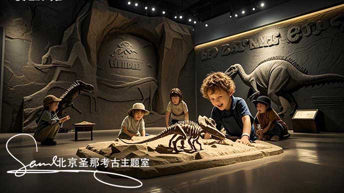 jimeng-2025-05-21-124-這張圖片呈現(xiàn)了一個充滿趣味的考古場景 。周圍環(huán)境被漂亮的燈光籠罩，營造出神秘氛圍。小朋友身處仿真山洞的空間內(nèi)，在模擬的考古探險情境中探索，體驗發(fā)現(xiàn)寶藏的樂趣....jpeg